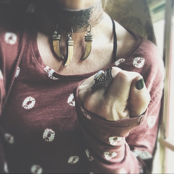 Necklace  and earrings Dip Dye Italian Leather&Rustic Wood & Metal Horns - Picture 3 of 8